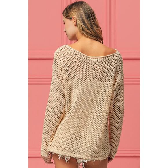 BiBi Sequin American Flag Sunglasses Pattern Open Knit Cover Up Top | Oatmeal - Picture 5 of 11